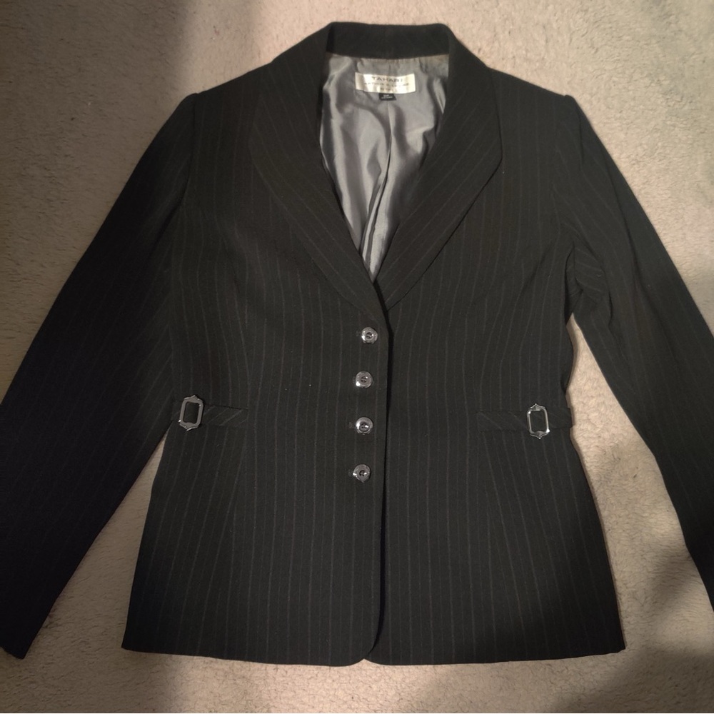 Tahari Arthur S. Levine Black Pinstripe Blazer Size 10P Buckles Metal Buttons